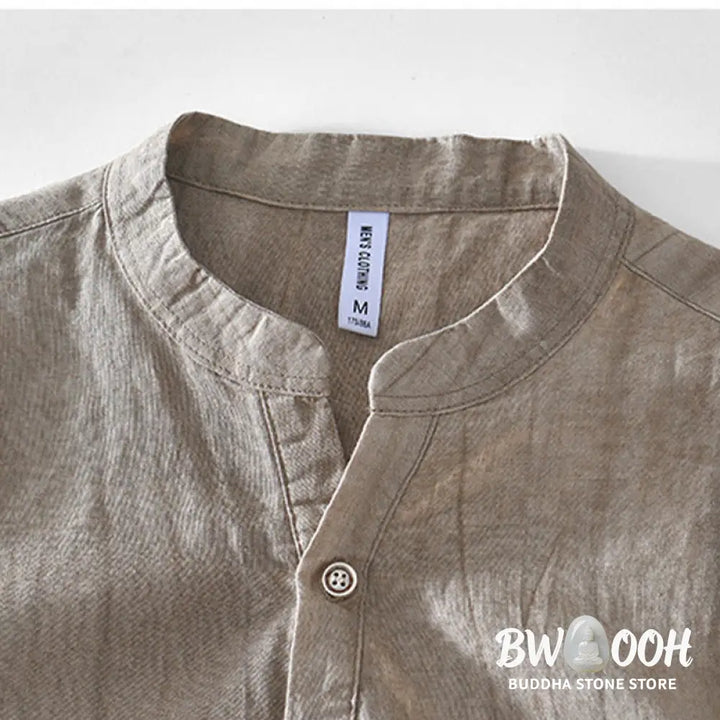 Buddha Stones Half Button Short Sleeve V-neck Ramie Cotton Men’s Shirt - Men’s Shirts