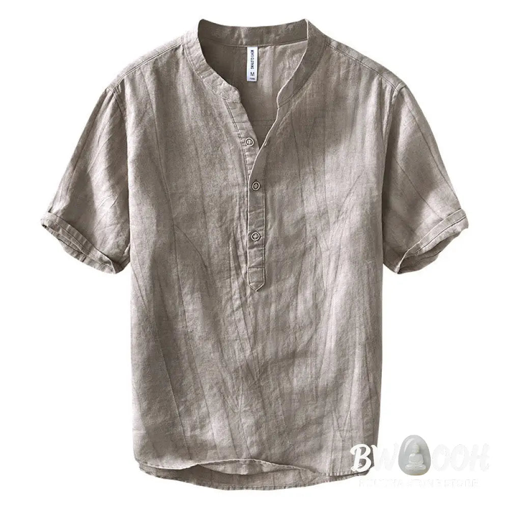Buddha Stones Half Button Short Sleeve V-neck Ramie Cotton Men’s Shirt - Men’s Shirts