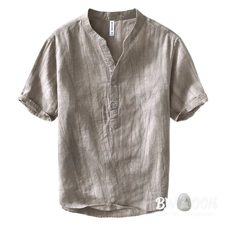 Buddha Stones Half Button Short Sleeve V-neck Ramie Cotton Men’s Shirt - Men’s Shirts