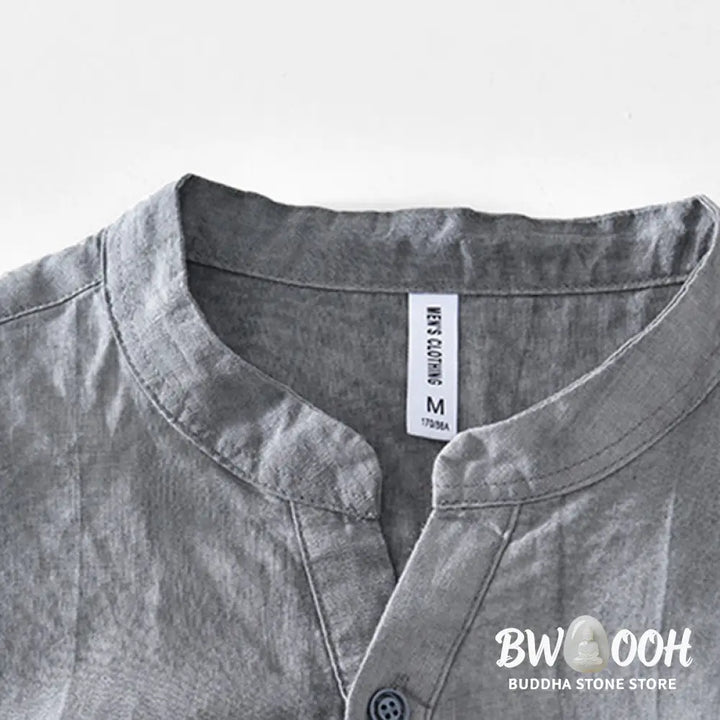 Buddha Stones Half Button Short Sleeve V-neck Ramie Cotton Men’s Shirt - Men’s Shirts