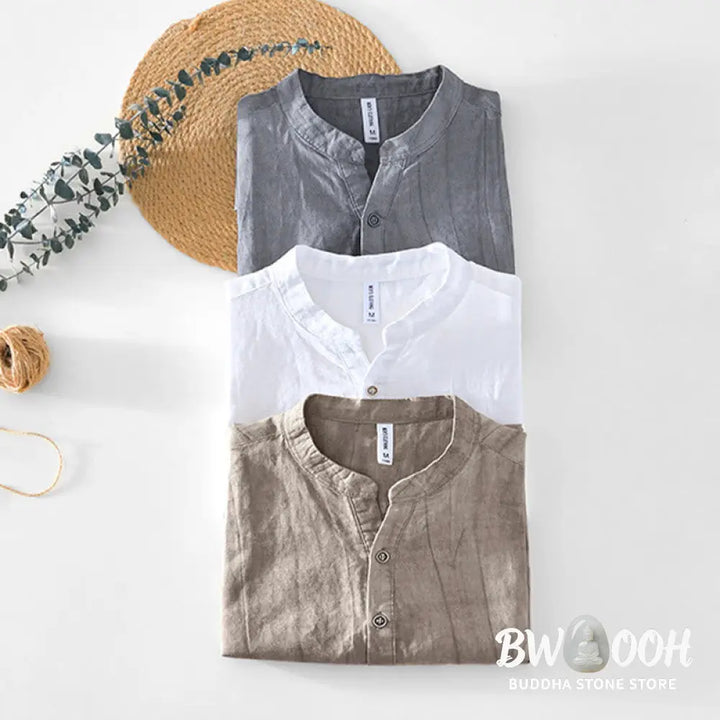 Buddha Stones Half Button Short Sleeve V-neck Ramie Cotton Men’s Shirt - Men’s Shirts