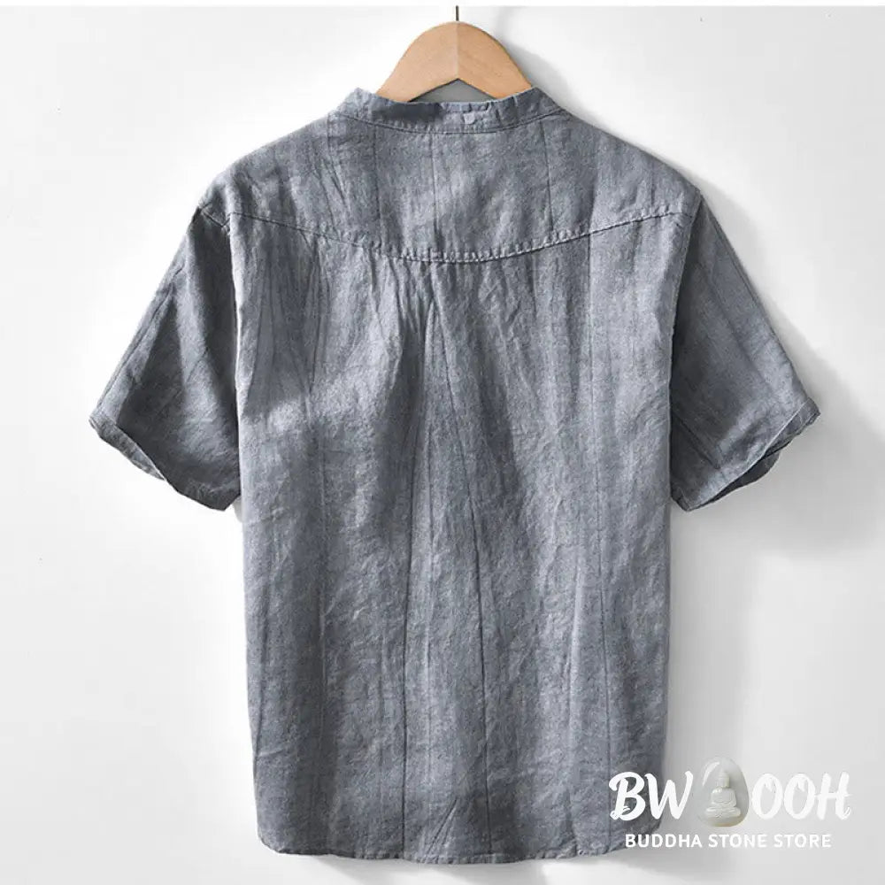 Buddha Stones Half Button Short Sleeve V-neck Ramie Cotton Men’s Shirt - Men’s Shirts