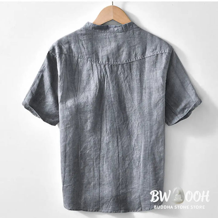 Buddha Stones Half Button Short Sleeve V-neck Ramie Cotton Men’s Shirt - Men’s Shirts