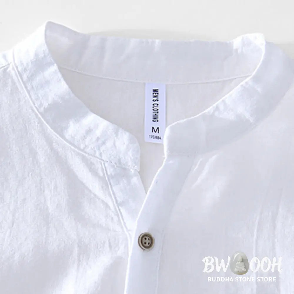Buddha Stones Half Button Short Sleeve V-neck Ramie Cotton Men’s Shirt - Men’s Shirts