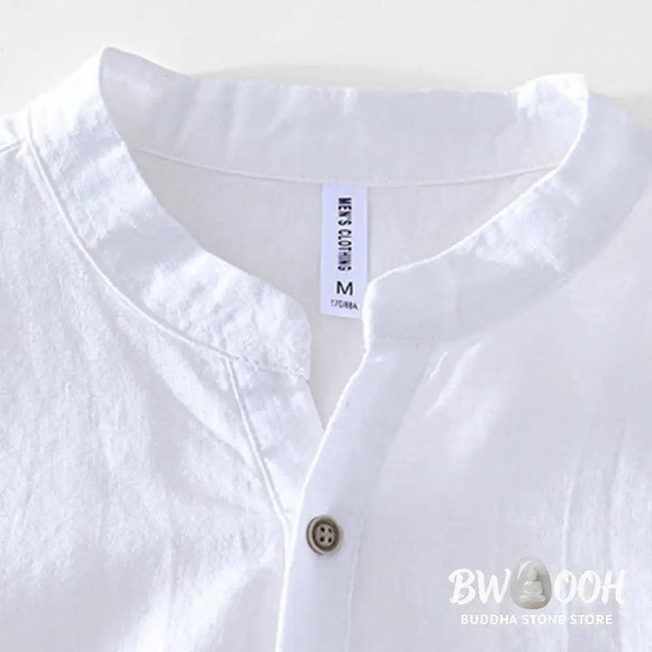 Buddha Stones Half Button Short Sleeve V-neck Ramie Cotton Men’s Shirt - Men’s Shirts