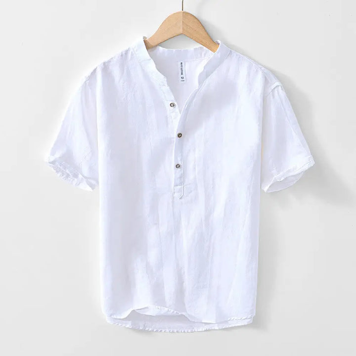 Buddha Stones Half Button Short Sleeve V-neck Ramie Cotton Men’s Shirt - White / US/UK/AU36，EU46 (L) - Men’s Shirts