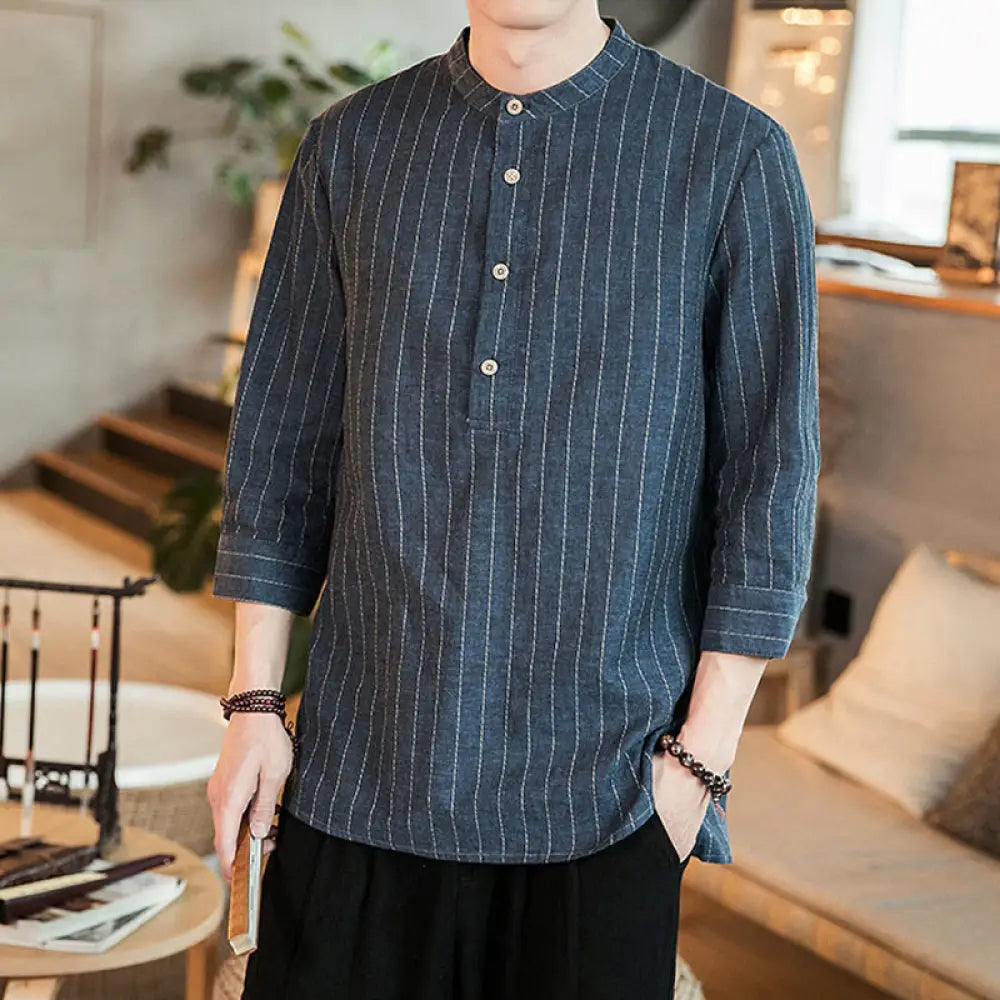 BWOOOH Half Button Striped Three Quarter Sleeves Linen Me