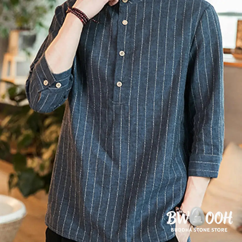 Buddha Stones Half Button Striped Three Quarter Sleeves Linen Men’s Shirt - Men’s Shirts