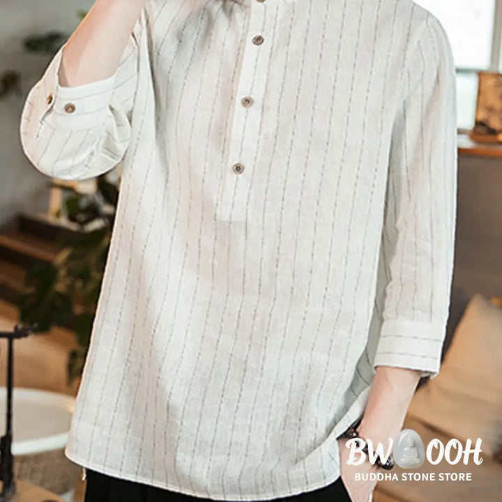 Buddha Stones Half Button Striped Three Quarter Sleeves Linen Men’s Shirt - Men’s Shirts