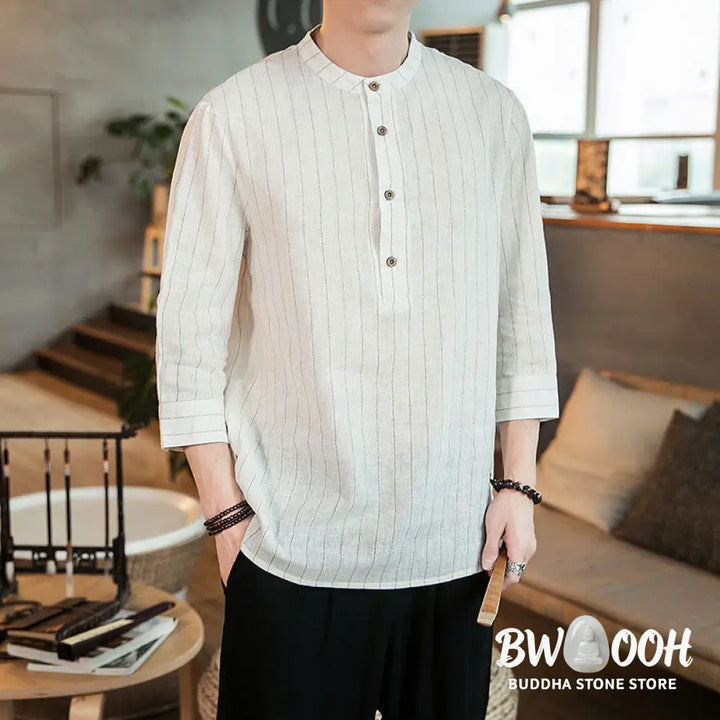 Buddha Stones Half Button Striped Three Quarter Sleeves Linen Men’s Shirt - Men’s Shirts