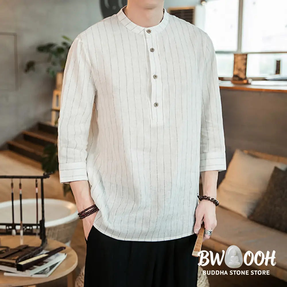 Buddha Stones Half Button Striped Three Quarter Sleeves Linen Men’s Shirt - Men’s Shirts