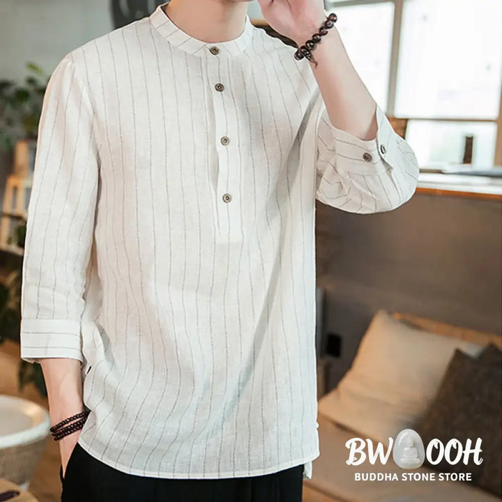 Buddha Stones Half Button Striped Three Quarter Sleeves Linen Men’s Shirt - Men’s Shirts