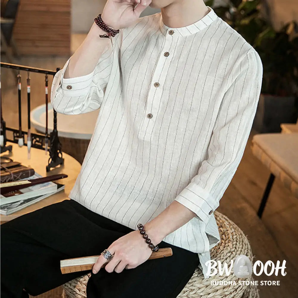 Buddha Stones Half Button Striped Three Quarter Sleeves Linen Men’s Shirt - Men’s Shirts