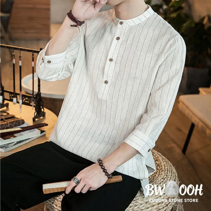 Buddha Stones Half Button Striped Three Quarter Sleeves Linen Men’s Shirt - Men’s Shirts