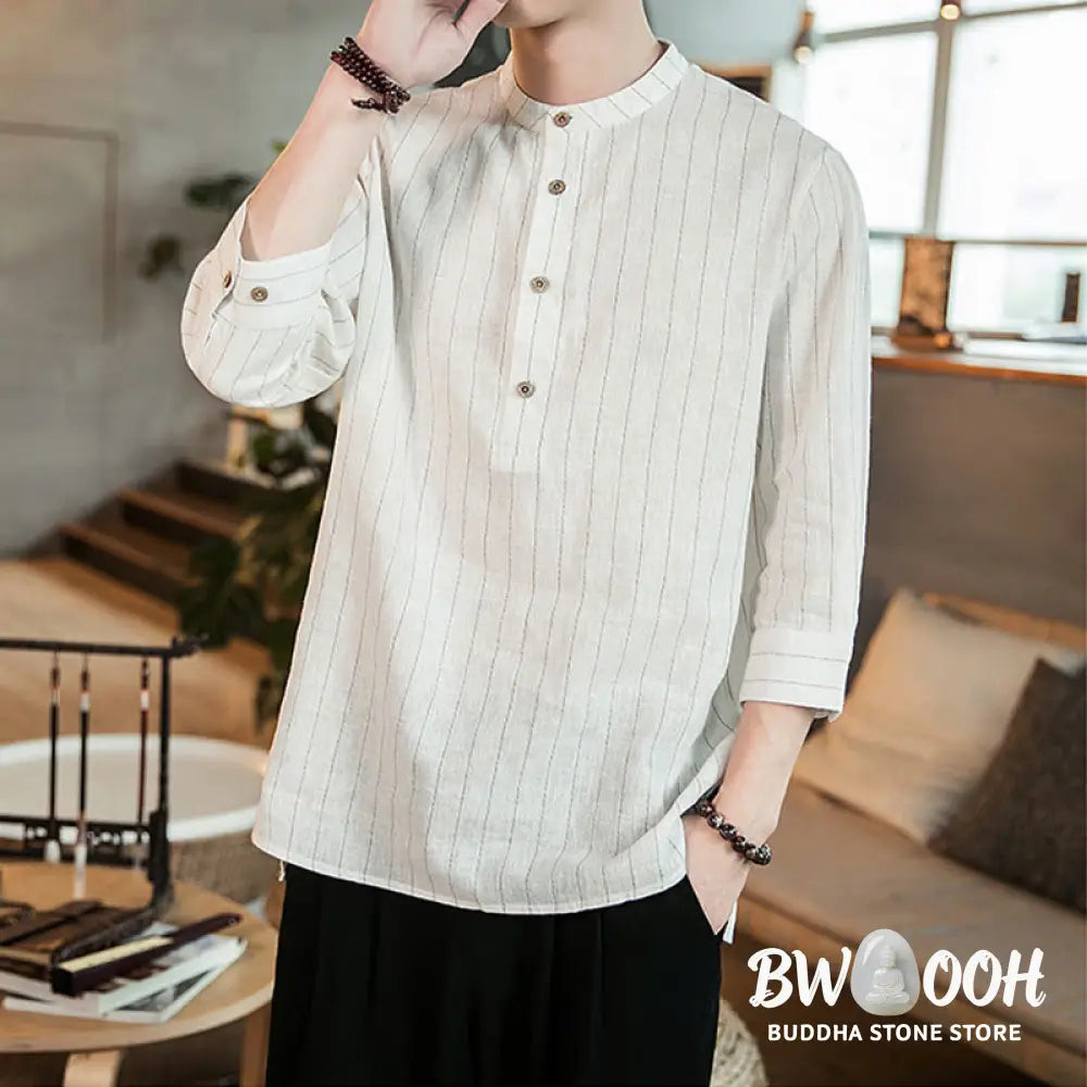 Buddha Stones Half Button Striped Three Quarter Sleeves Linen Men’s Shirt - Men’s Shirts