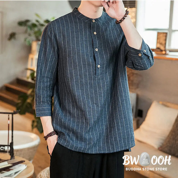 Buddha Stones Half Button Striped Three Quarter Sleeves Linen Men’s Shirt - Men’s Shirts