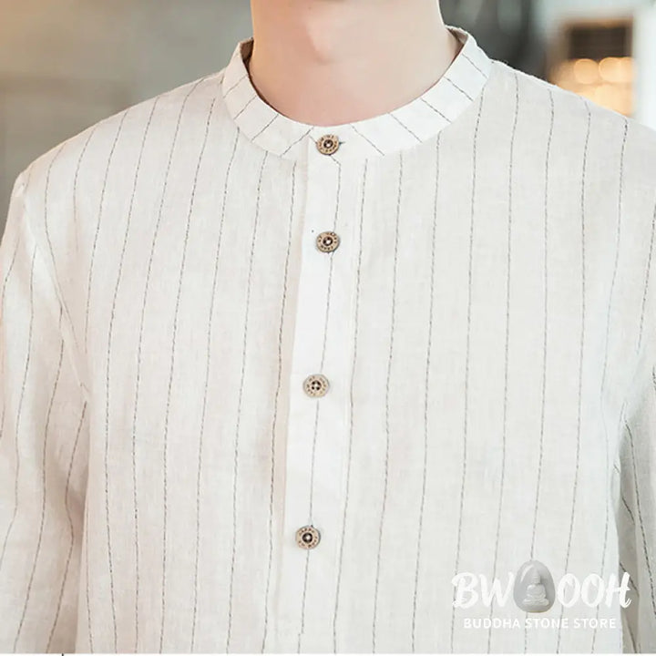 Buddha Stones Half Button Striped Three Quarter Sleeves Linen Men’s Shirt - Men’s Shirts