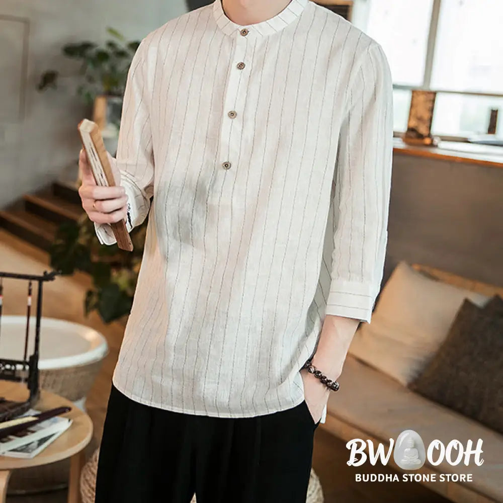 Buddha Stones Half Button Striped Three Quarter Sleeves Linen Men’s Shirt - Men’s Shirts