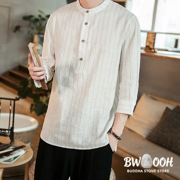 Buddha Stones Half Button Striped Three Quarter Sleeves Linen Men’s Shirt - Men’s Shirts