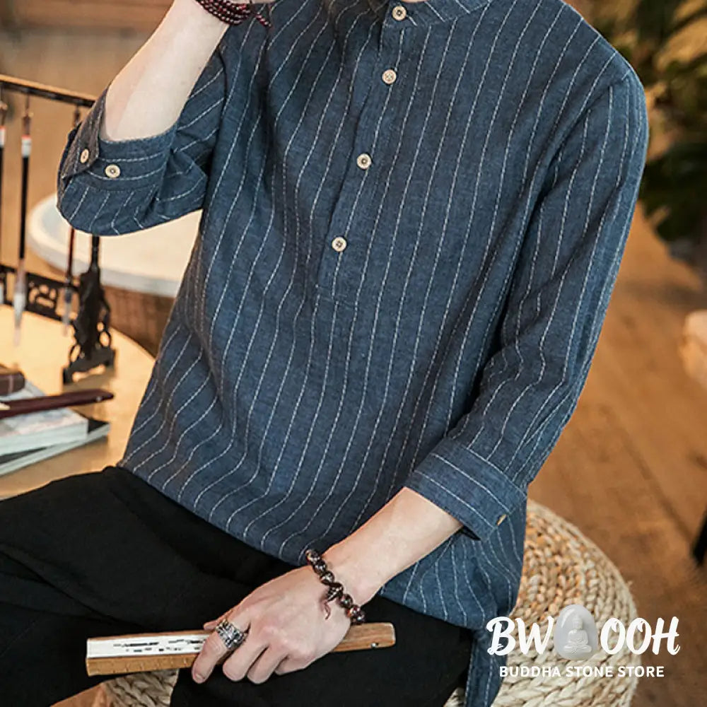Buddha Stones Half Button Striped Three Quarter Sleeves Linen Men’s Shirt - Men’s Shirts
