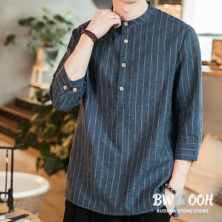 Buddha Stones Half Button Striped Three Quarter Sleeves Linen Men’s Shirt - Men’s Shirts