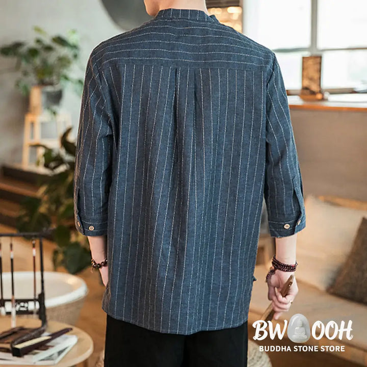 Buddha Stones Half Button Striped Three Quarter Sleeves Linen Men’s Shirt - Men’s Shirts