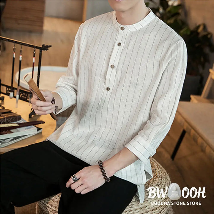 Buddha Stones Half Button Striped Three Quarter Sleeves Linen Men’s Shirt - Men’s Shirts