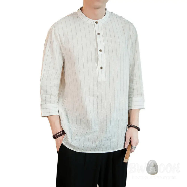 Buddha Stones Half Button Striped Three Quarter Sleeves Linen Men’s Shirt - Men’s Shirts