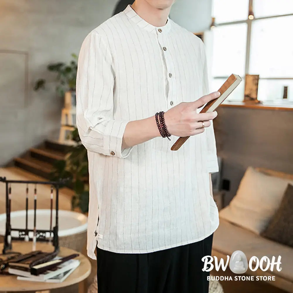 Buddha Stones Half Button Striped Three Quarter Sleeves Linen Men’s Shirt - Men’s Shirts