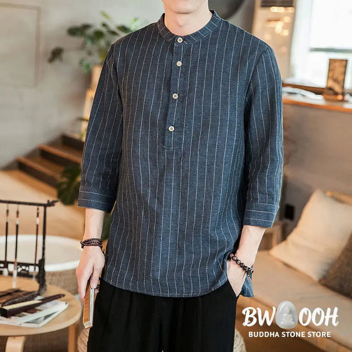 Buddha Stones Half Button Striped Three Quarter Sleeves Linen Men’s Shirt - Men’s Shirts