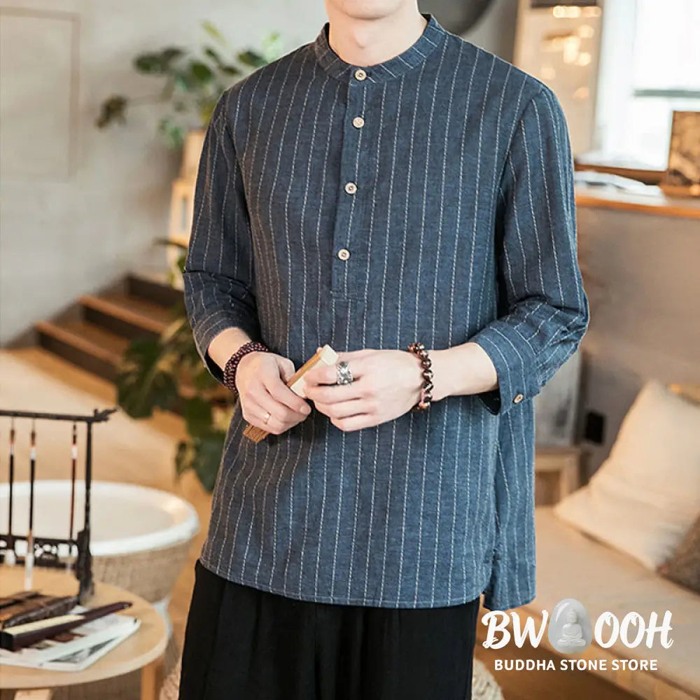 Buddha Stones Half Button Striped Three Quarter Sleeves Linen Men’s Shirt - Men’s Shirts