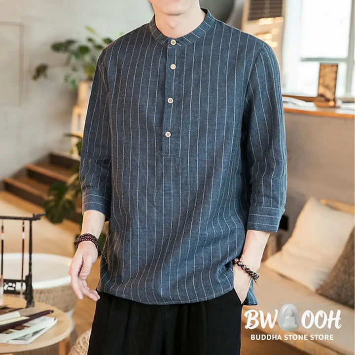 Buddha Stones Half Button Striped Three Quarter Sleeves Linen Men’s Shirt - Men’s Shirts