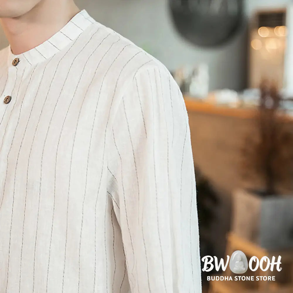 Buddha Stones Half Button Striped Three Quarter Sleeves Linen Men’s Shirt - Men’s Shirts