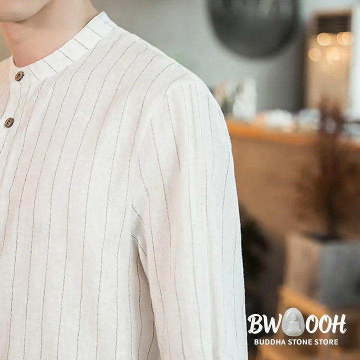 Buddha Stones Half Button Striped Three Quarter Sleeves Linen Men’s Shirt - Men’s Shirts