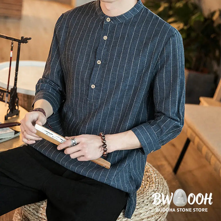 Buddha Stones Half Button Striped Three Quarter Sleeves Linen Men’s Shirt - Men’s Shirts
