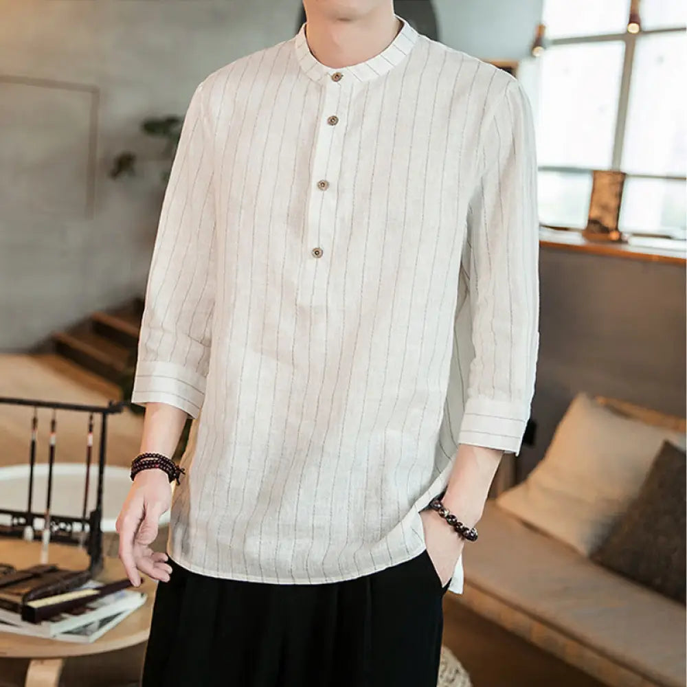 Buddha Stones Half Button Striped Three Quarter Sleeves Linen Men’s Shirt - White / US/UK/AU36，EU46 (L) - Men’s Shirts