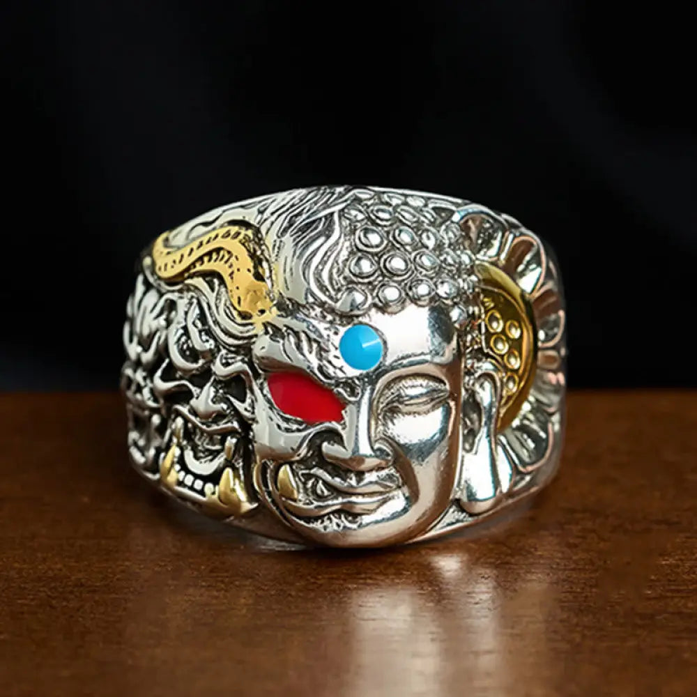 BWOOOH Half Demon Half Buddha Lotus Copper Serenity Adjustable Ring — Copper spiritual jewelry for spiritual healing and m...