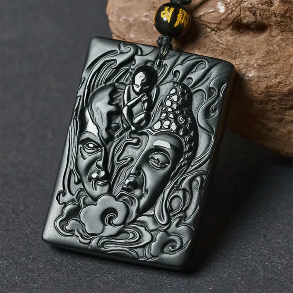 Buddha Stones Half Demon Half Buddha Relief Design Black Obsidian Strength Necklace Pendant - BWOOOH - Half Demon Half