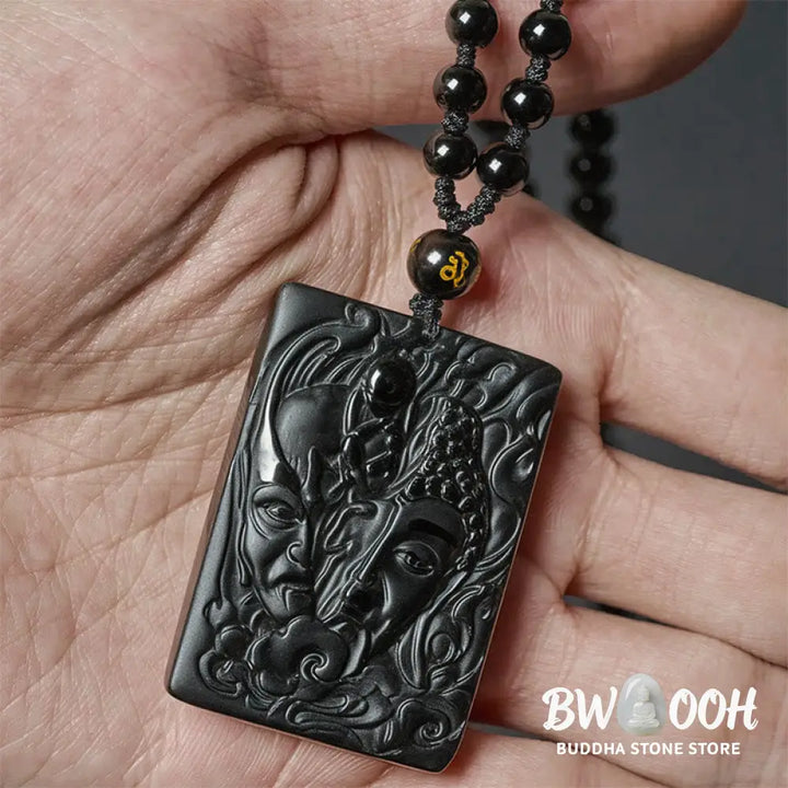 Buddha Stones Half Demon Half Buddha Relief Design Black Obsidian Strength Necklace Pendant - BWOOOH - Half Demon Half