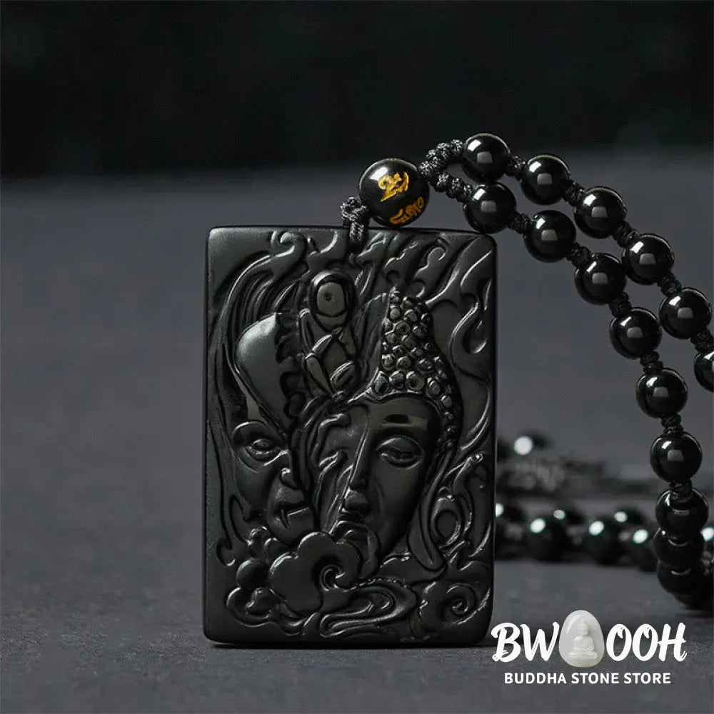 Buddha Stones Half Demon Half Buddha Relief Design Black Obsidian Strength Necklace Pendant - BWOOOH - Half Demon Half