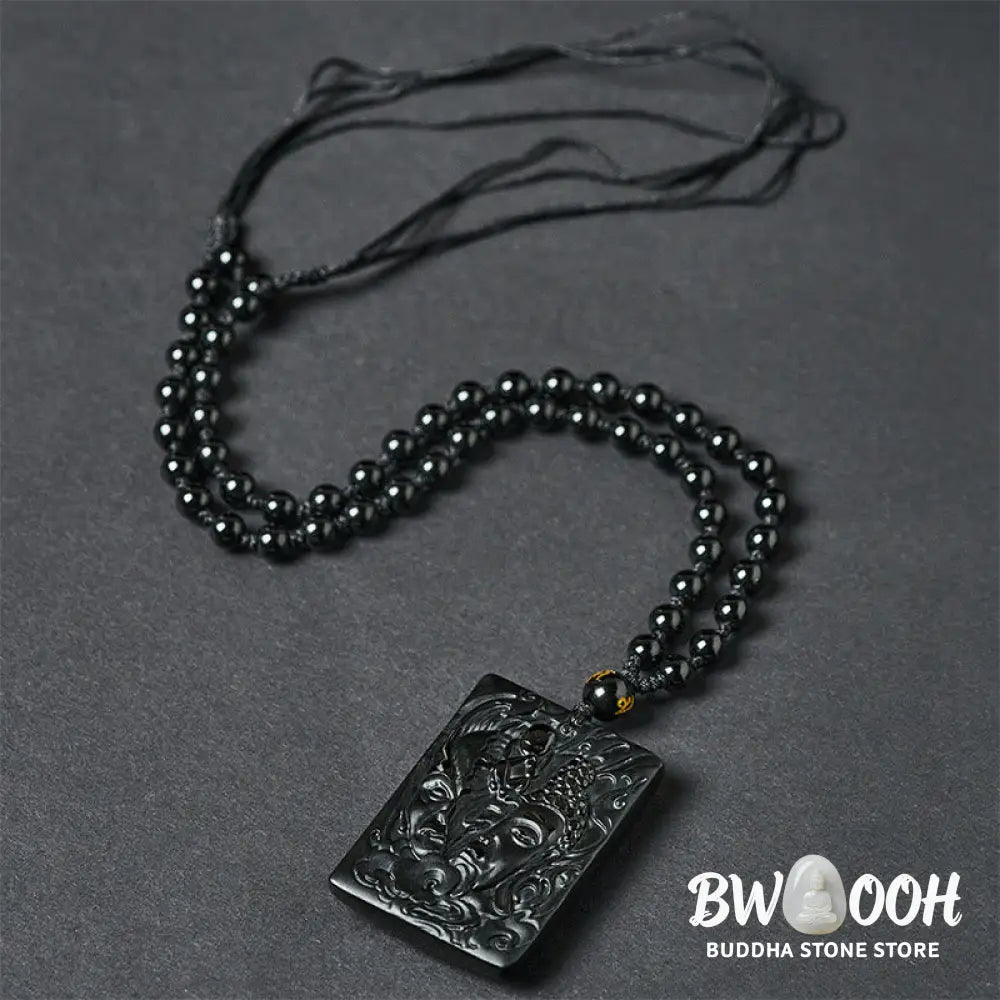 Buddha Stones Half Demon Half Buddha Relief Design Black Obsidian Strength Necklace Pendant - BWOOOH - Half Demon Half