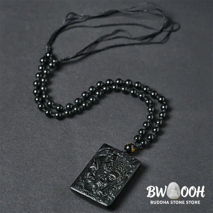Buddha Stones Half Demon Half Buddha Relief Design Black Obsidian Strength Necklace Pendant - BWOOOH - Half Demon Half