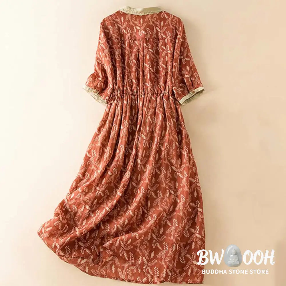Buddha Stones Half Sleeve Color Contrast Floral Pattern Midi Dress With Pockets - Midi Dress