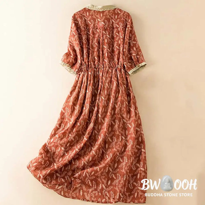 Buddha Stones Half Sleeve Color Contrast Floral Pattern Midi Dress With Pockets - Midi Dress