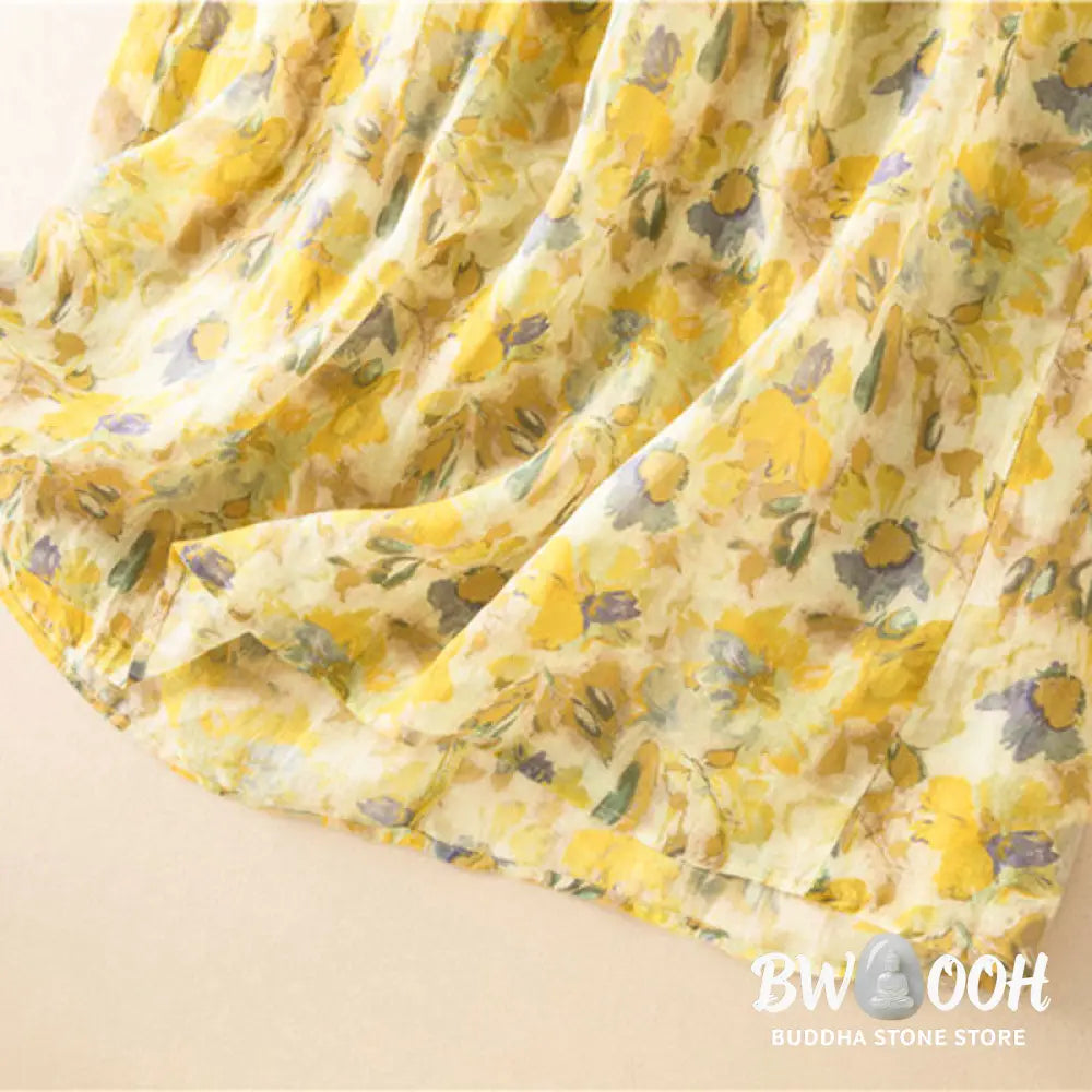 Buddha Stones Half Sleeve Color Contrast Floral Pattern Midi Dress With Pockets - Midi Dress