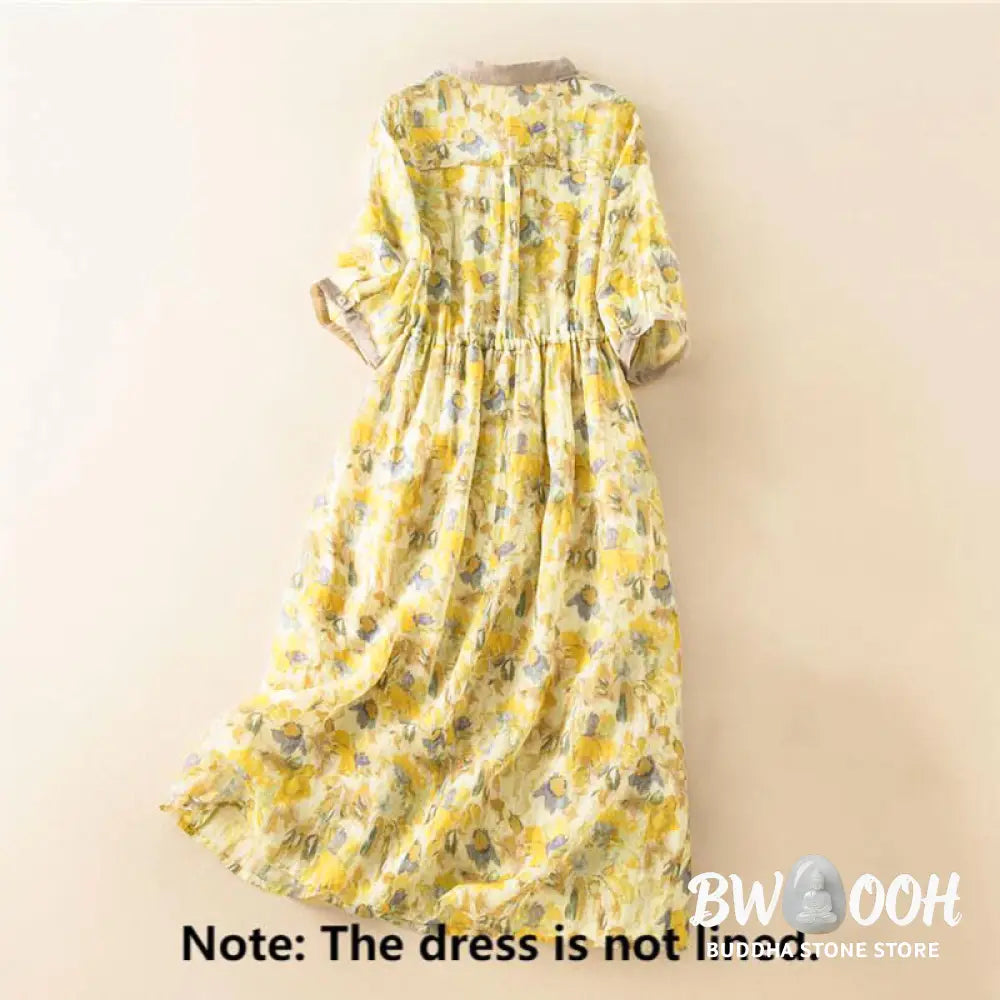 Buddha Stones Half Sleeve Color Contrast Floral Pattern Midi Dress With Pockets - Midi Dress