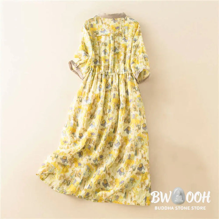 Buddha Stones Half Sleeve Color Contrast Floral Pattern Midi Dress With Pockets - Midi Dress