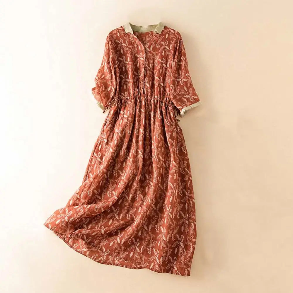 Buddha Stones Half Sleeve Color Contrast Floral Pattern Midi Dress With Pockets - FireBrick / US4，UK/AU8，EU36 (L)