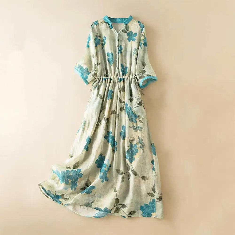 BWOOOH Half Sleeve Color Contrast Floral Pattern Midi Dre