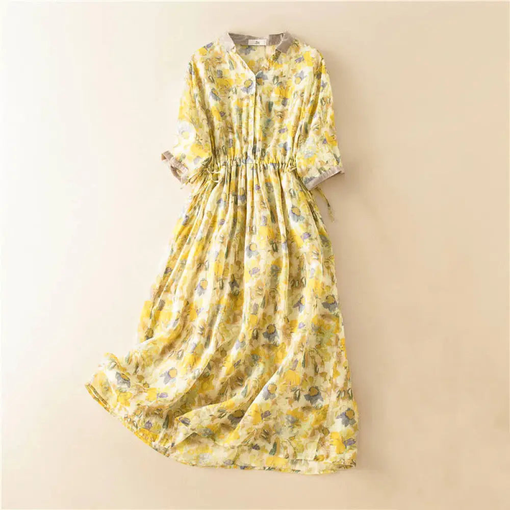 Buddha Stones Half Sleeve Color Contrast Floral Pattern Midi Dress With Pockets - Yellow / US4，UK/AU8，EU36 (L) - Midi